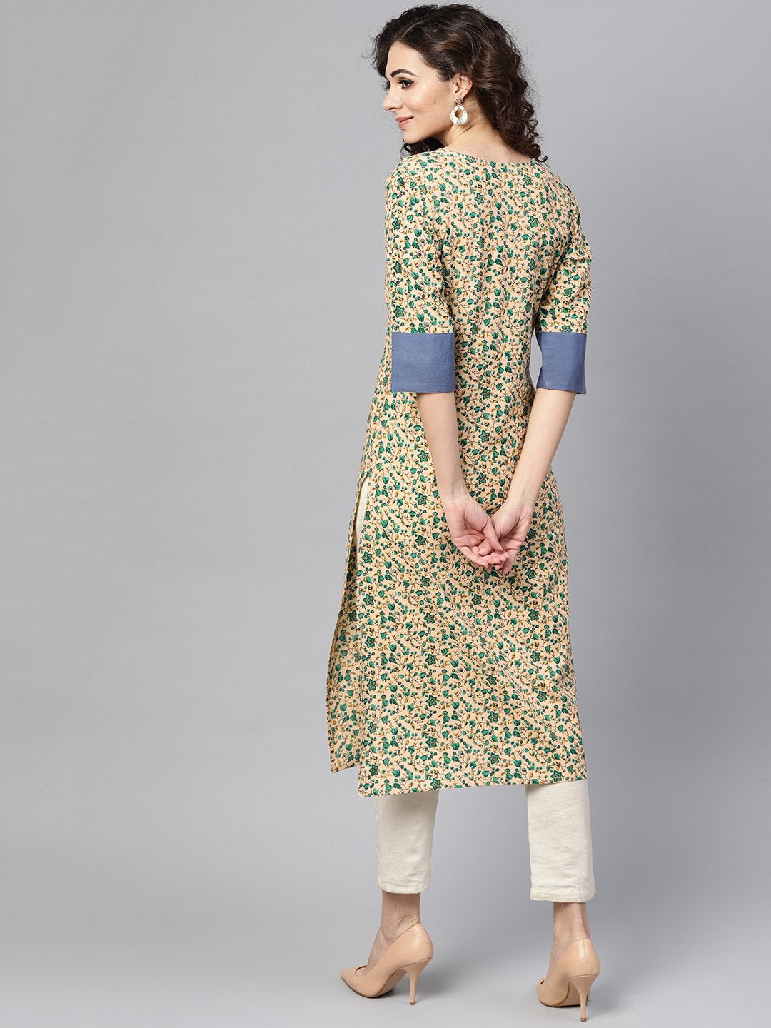 Beige Multi-Colored Straight Kurta with Round Neck with Solid Blue Cuff detailing | NOZ2TOZ - Made In INDIA.