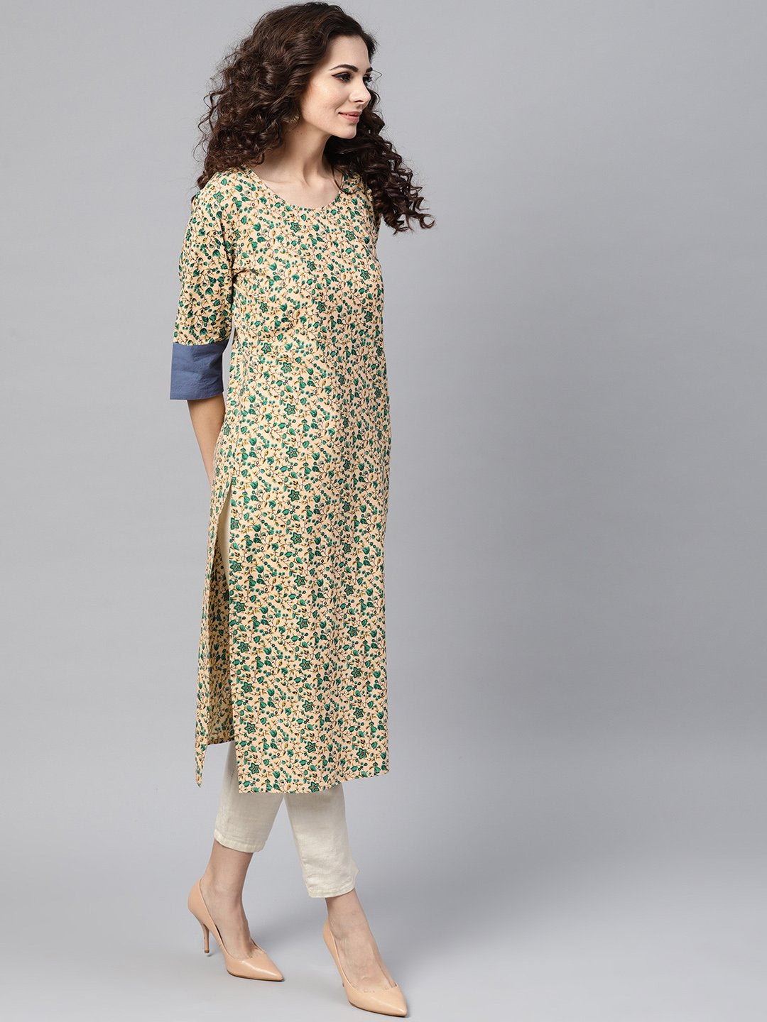 Beige Multi-Colored Straight Kurta with Round Neck with Solid Blue Cuff detailing | NOZ2TOZ - Made In INDIA.