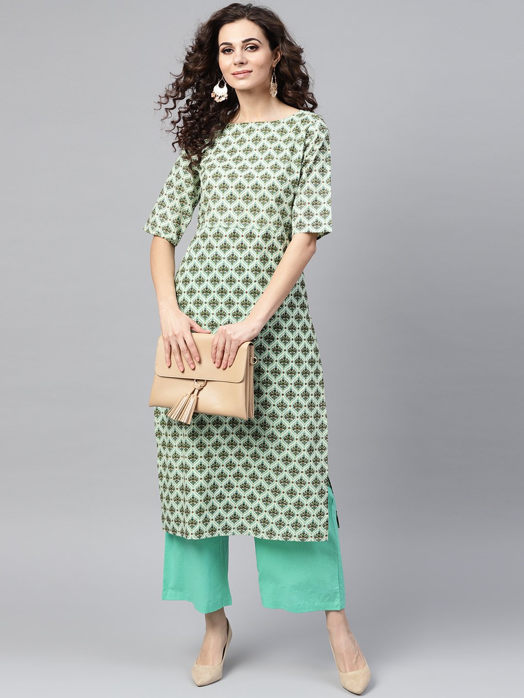 Light green Multi printed Straight kurta set with Solid Green Pants | NOZ2TOZ - Made In INDIA.