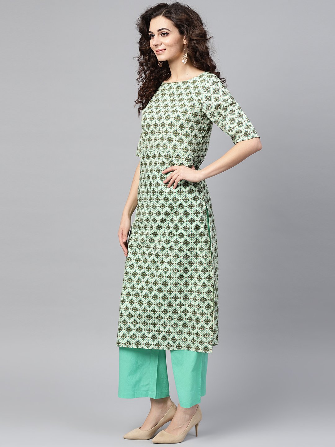 Light green Multi printed Straight kurta set with Solid Green Pants | NOZ2TOZ - Made In INDIA.