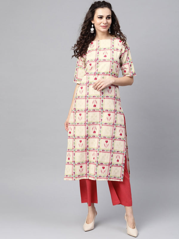 White Checked Printed staright Kurta set with Solid red Pants | NOZ2TOZ - Made In INDIA.