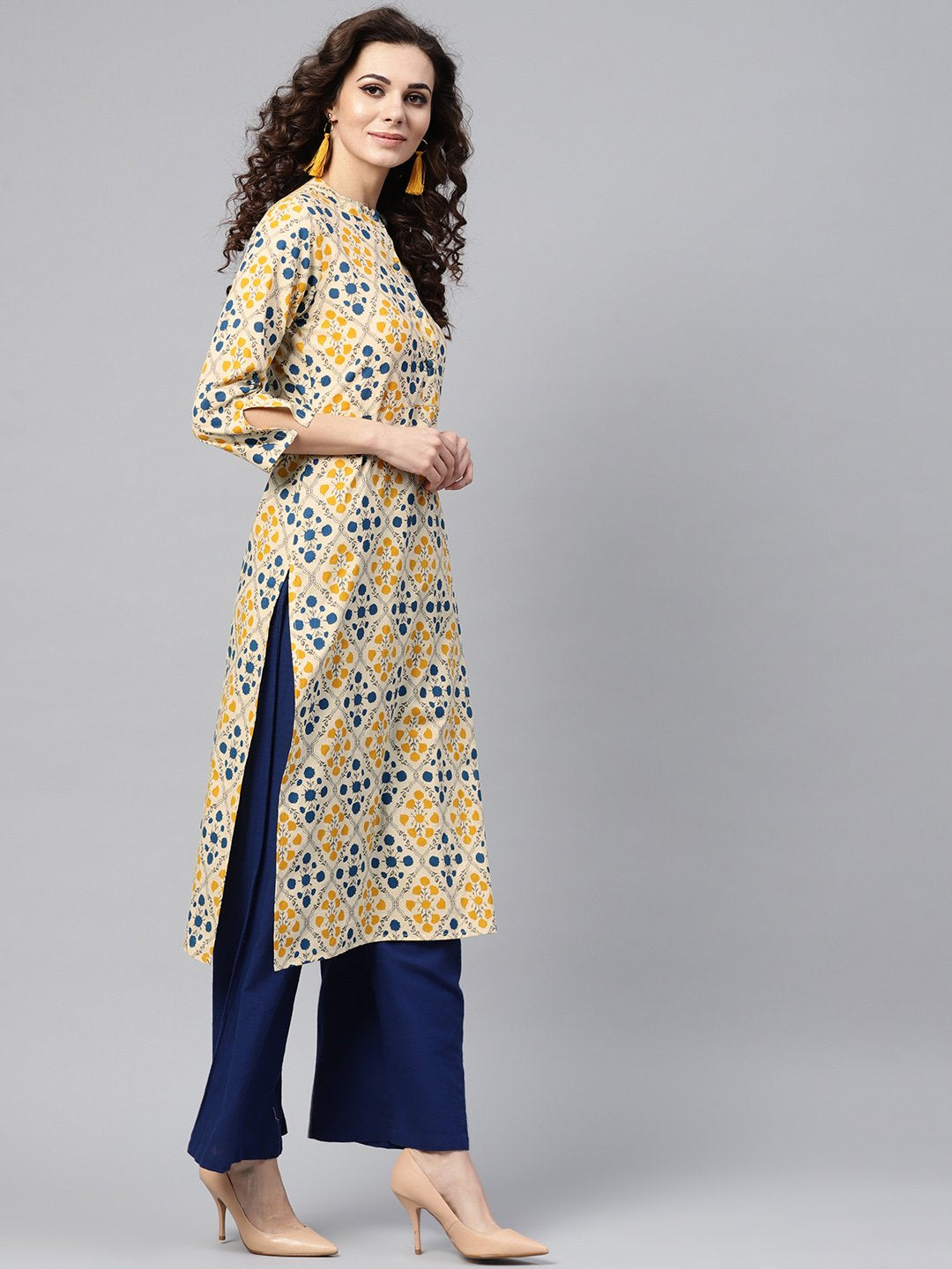 Cream Multi Colored Straight Kurta with Mandarin collar & 3/4 sleevs | NOZ2TOZ - Made In INDIA.