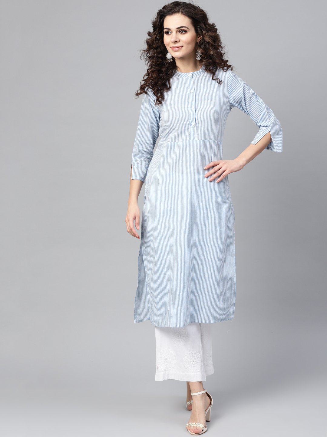 Light Blue Stripped Straight Kurta with Mandarin collar & 3/4 Sleeves | NOZ2TOZ - Made In INDIA.