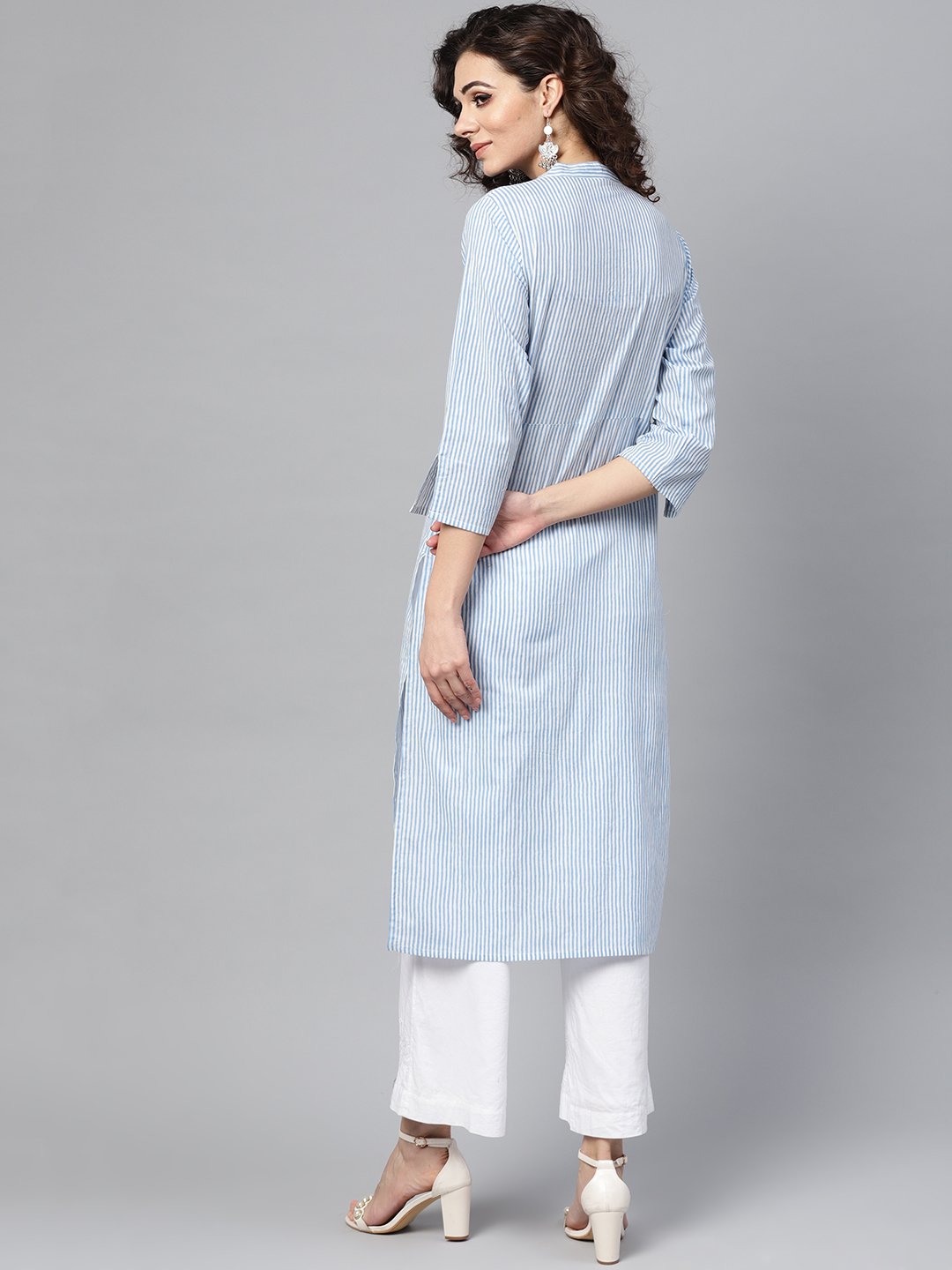 Light Blue Stripped Straight Kurta with Mandarin collar & 3/4 Sleeves | NOZ2TOZ - Made In INDIA.