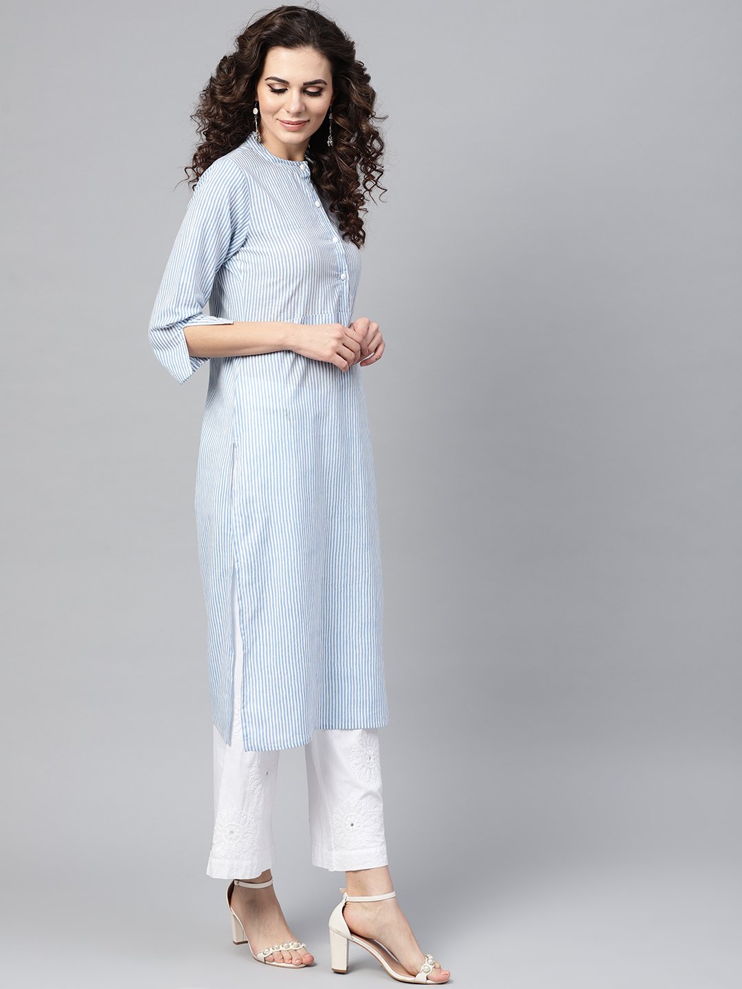 Light Blue Stripped Straight Kurta with Mandarin collar & 3/4 Sleeves | NOZ2TOZ - Made In INDIA.