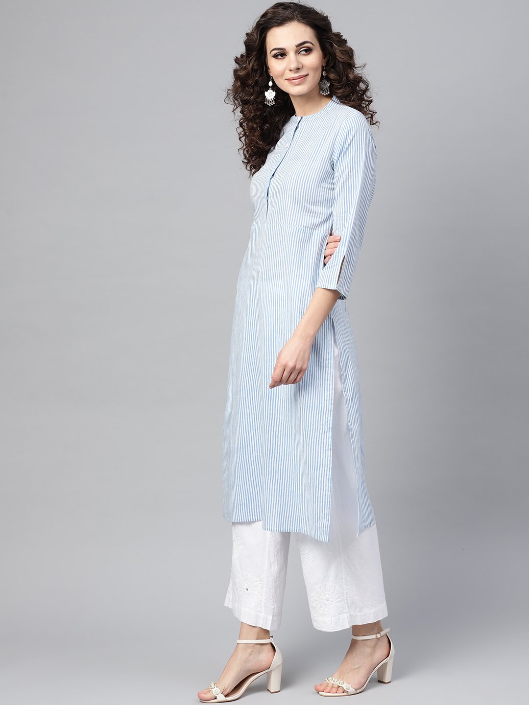 Light Blue Stripped Straight Kurta with Mandarin collar & 3/4 Sleeves | NOZ2TOZ - Made In INDIA.