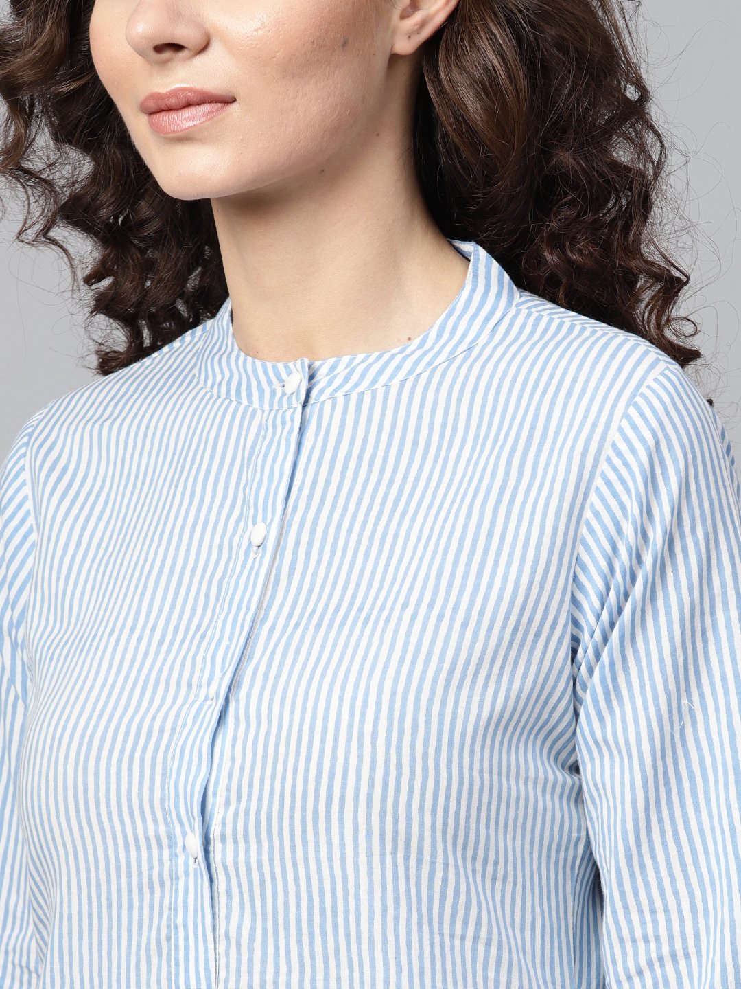 Light Blue Stripped Straight Kurta with Mandarin collar & 3/4 Sleeves | NOZ2TOZ - Made In INDIA.