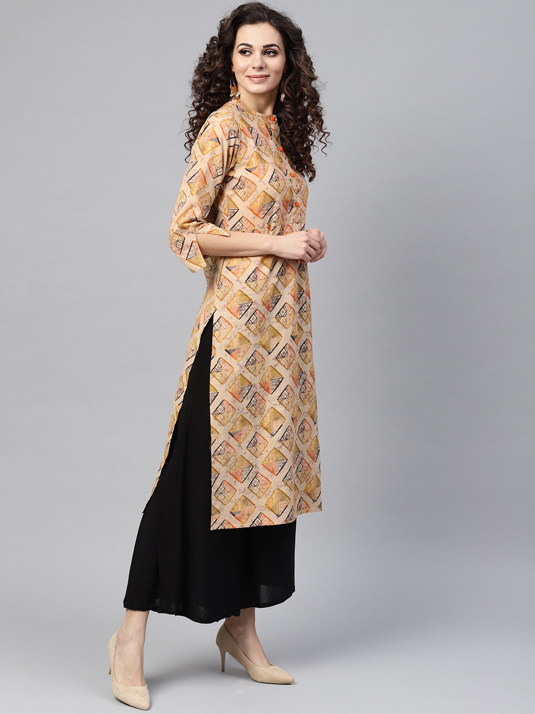 Beige Multi-Colored Straight Kurta with Mandarin Collar with 3/4 sleeves | NOZ2TOZ - Made In INDIA.