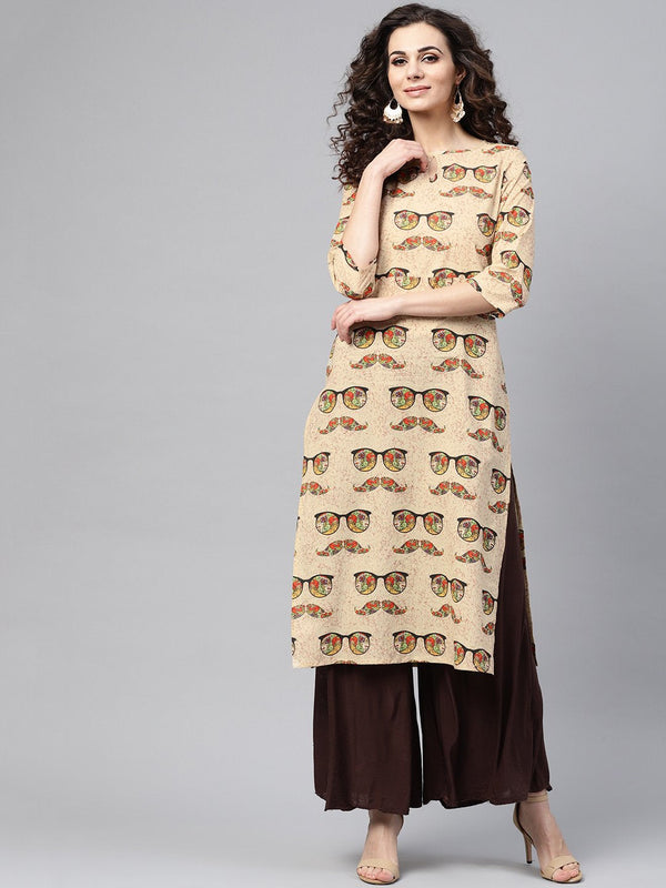 Cream Multi Colored Straight Kurta with Keyhole neck & 3/4 sleevs | NOZ2TOZ - Made In INDIA.