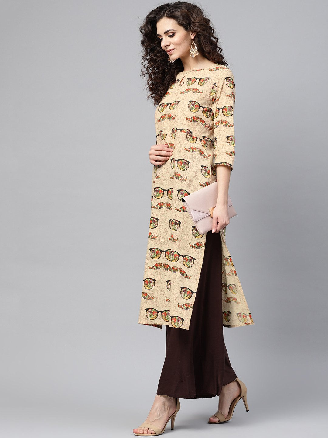 Cream Multi Colored Straight Kurta with Keyhole neck & 3/4 sleevs | NOZ2TOZ - Made In INDIA.