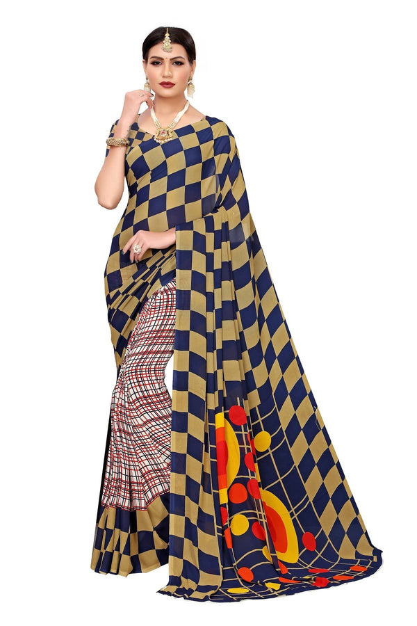 Women's Vamika Navy Georgette Printed Half & Half Saree Shiv Navy - Vamika