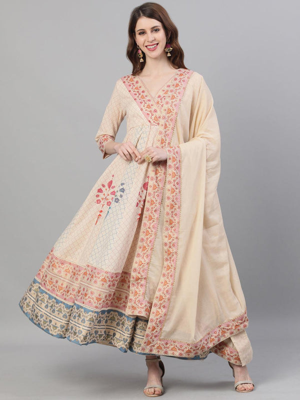 Women's Cotton Beige Foil Printed Anarkali Kurta - Ishin - Indiakreations