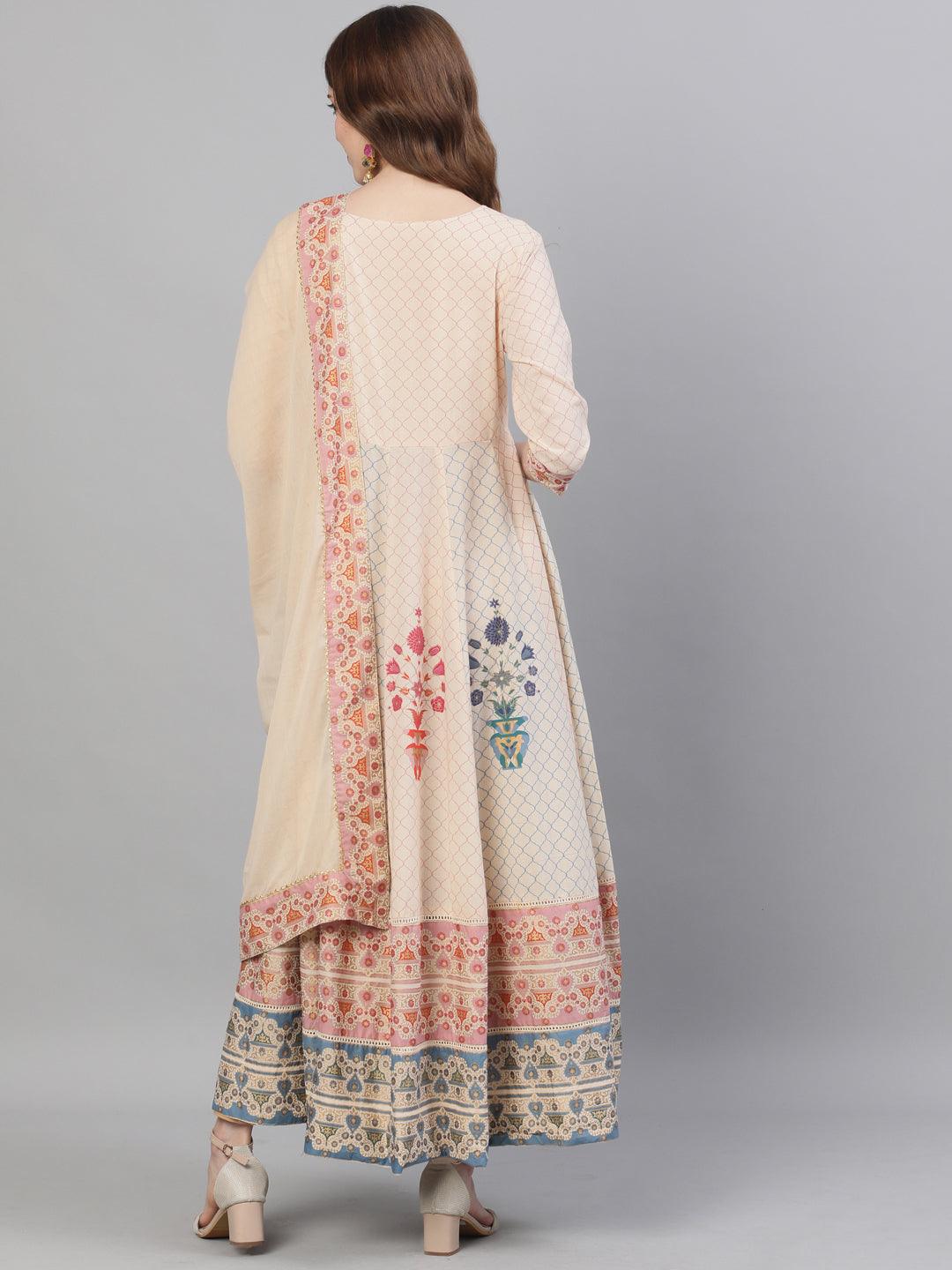 Women's Cotton Beige Foil Printed Anarkali Kurta - Ishin - Indiakreations