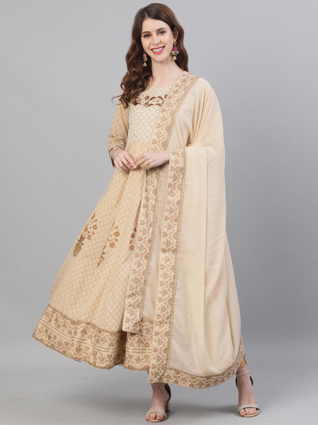 Women's Cotton Beige Foil Embroidered Anarkali Kurta - Ishin - Indiakreations