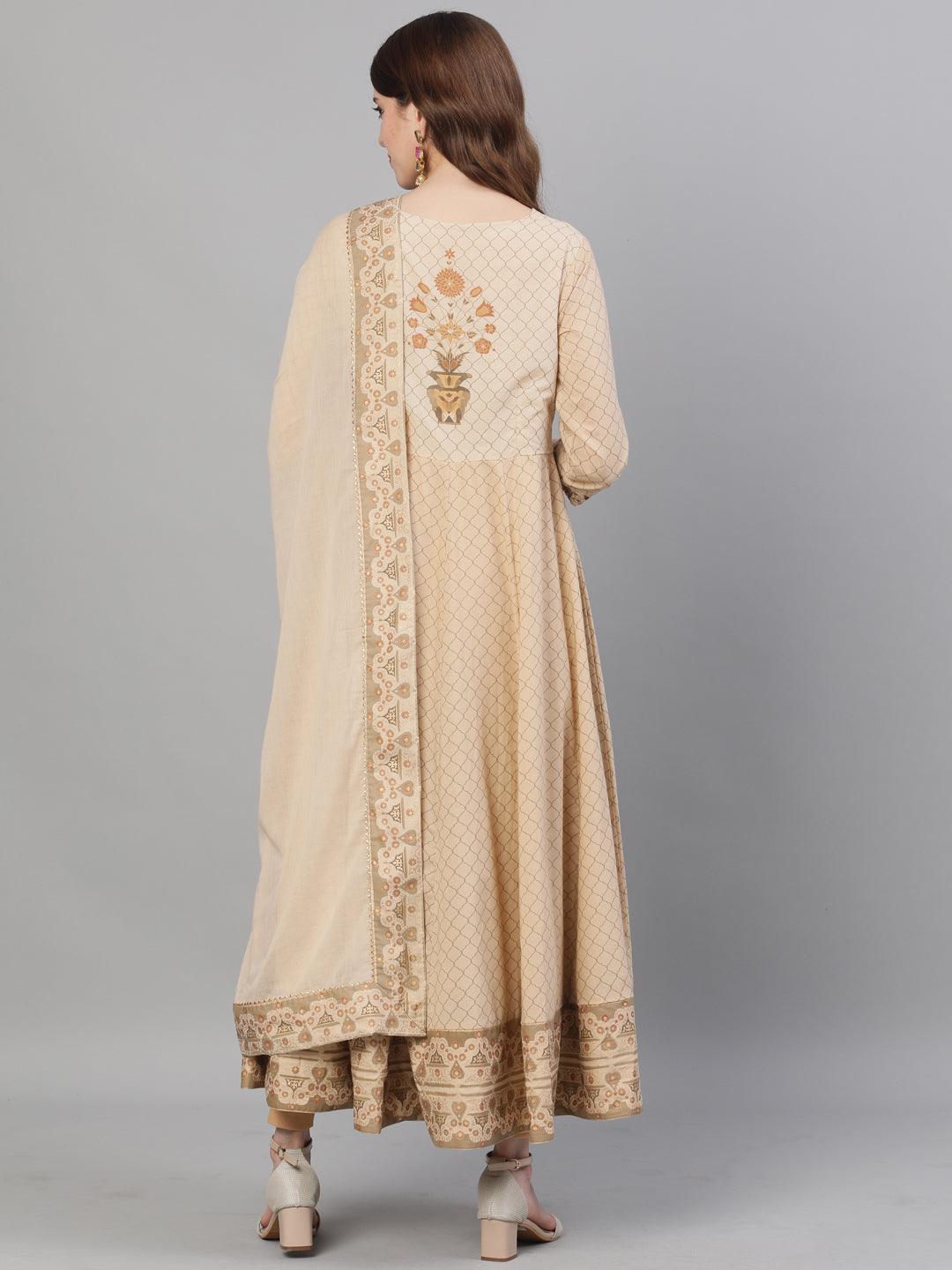 Women's Cotton Beige Foil Embroidered Anarkali Kurta - Ishin - Indiakreations