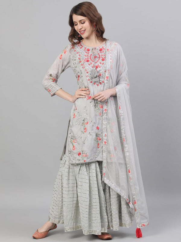 Women's Silk Grey Gota Patti Embroidered A-Line Kurta Sharara Dupatta Set - Ishin