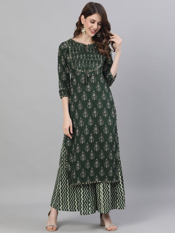 Women's Green Kurta with Palazzo Suit Set by Ishin- (2 pcs set)