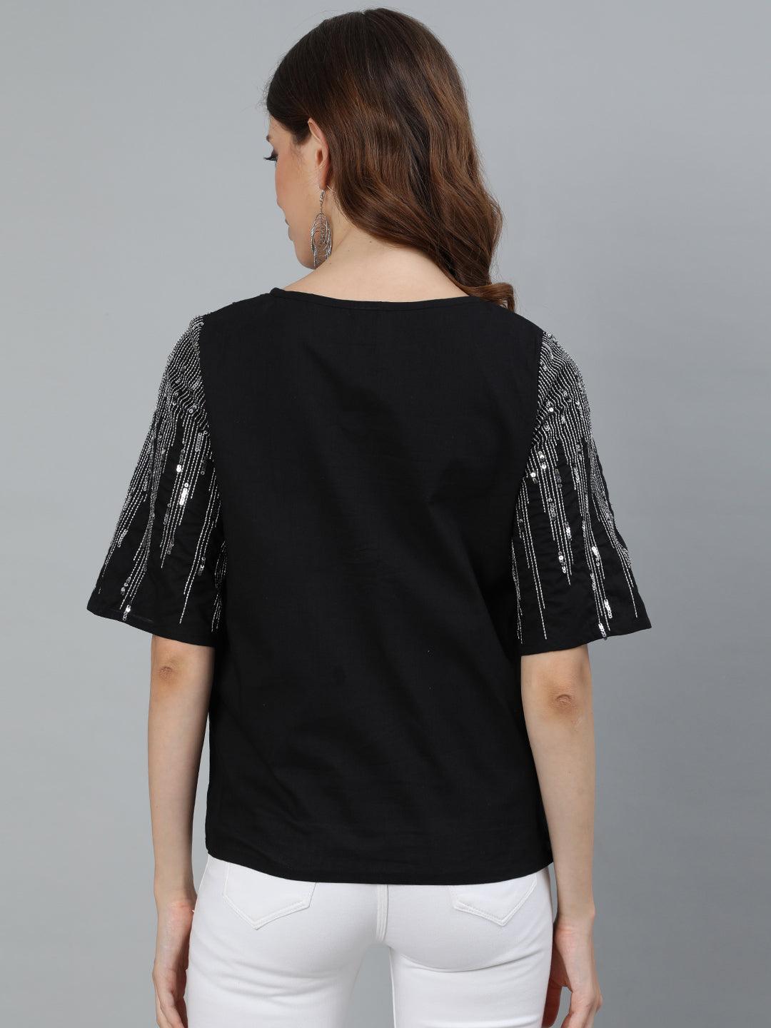 Women's Black Sequin Embroidered Top - Ishin - Indiakreations