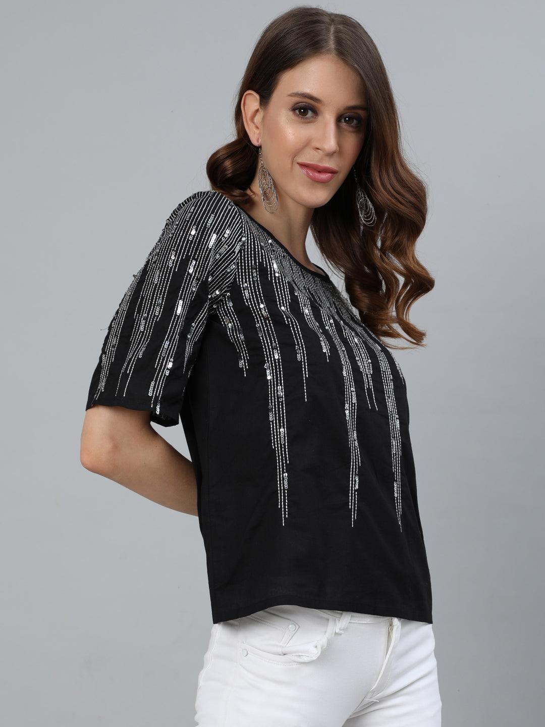 Women's Black Sequin Embroidered Top - Ishin - Indiakreations