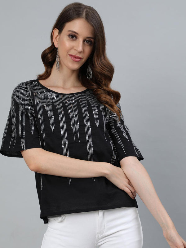 Women's Black Sequin Embroidered Top - Ishin - Indiakreations