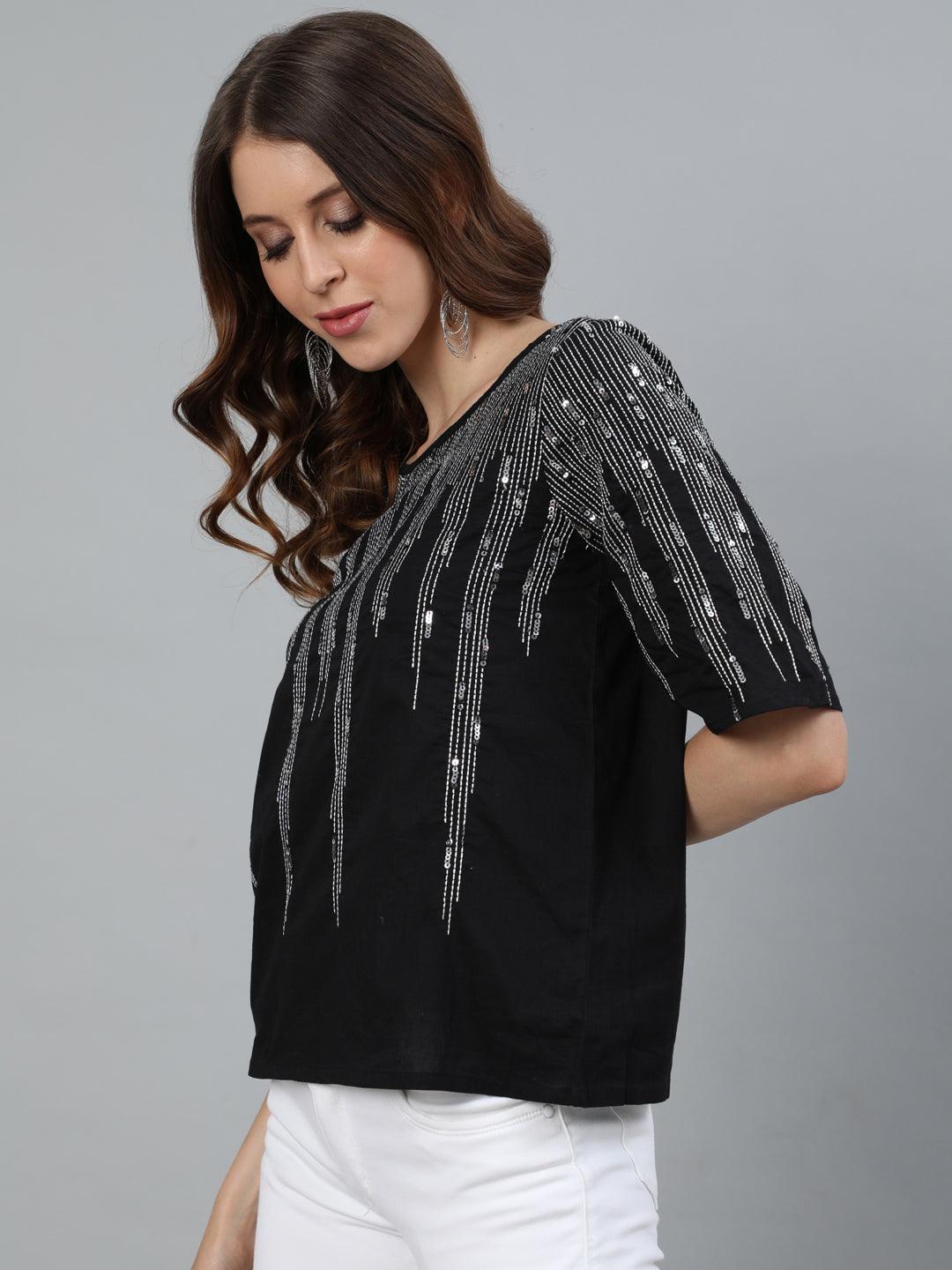 Women's Black Sequin Embroidered Top - Ishin - Indiakreations