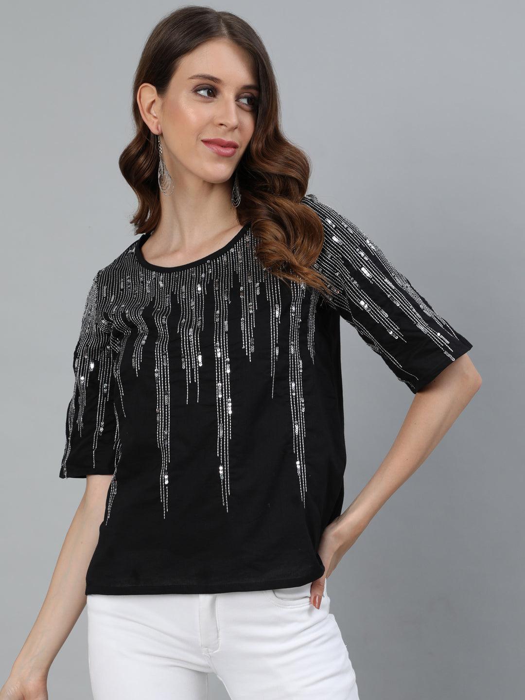 Women's Black Sequin Embroidered Top - Ishin - Indiakreations