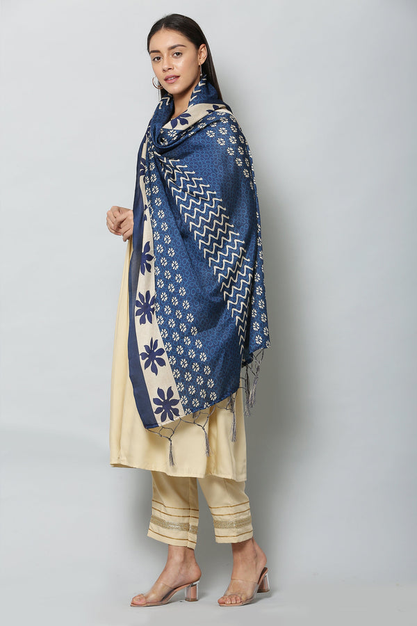 Women's Blue Color Art Silk Digital Printed Dupatta - VAABA