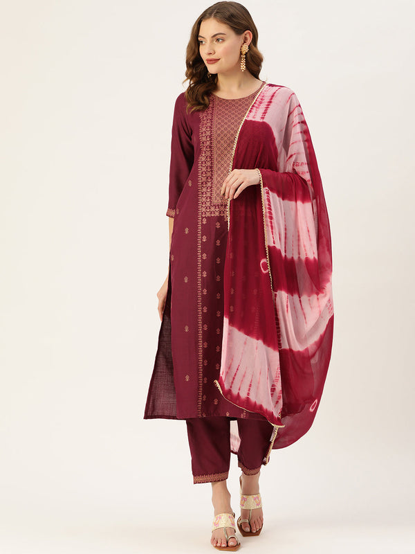 Women's Wine Cotton Blend Panelled Printed Straight Kurta Trouser Set With Dupatta - Vaaba