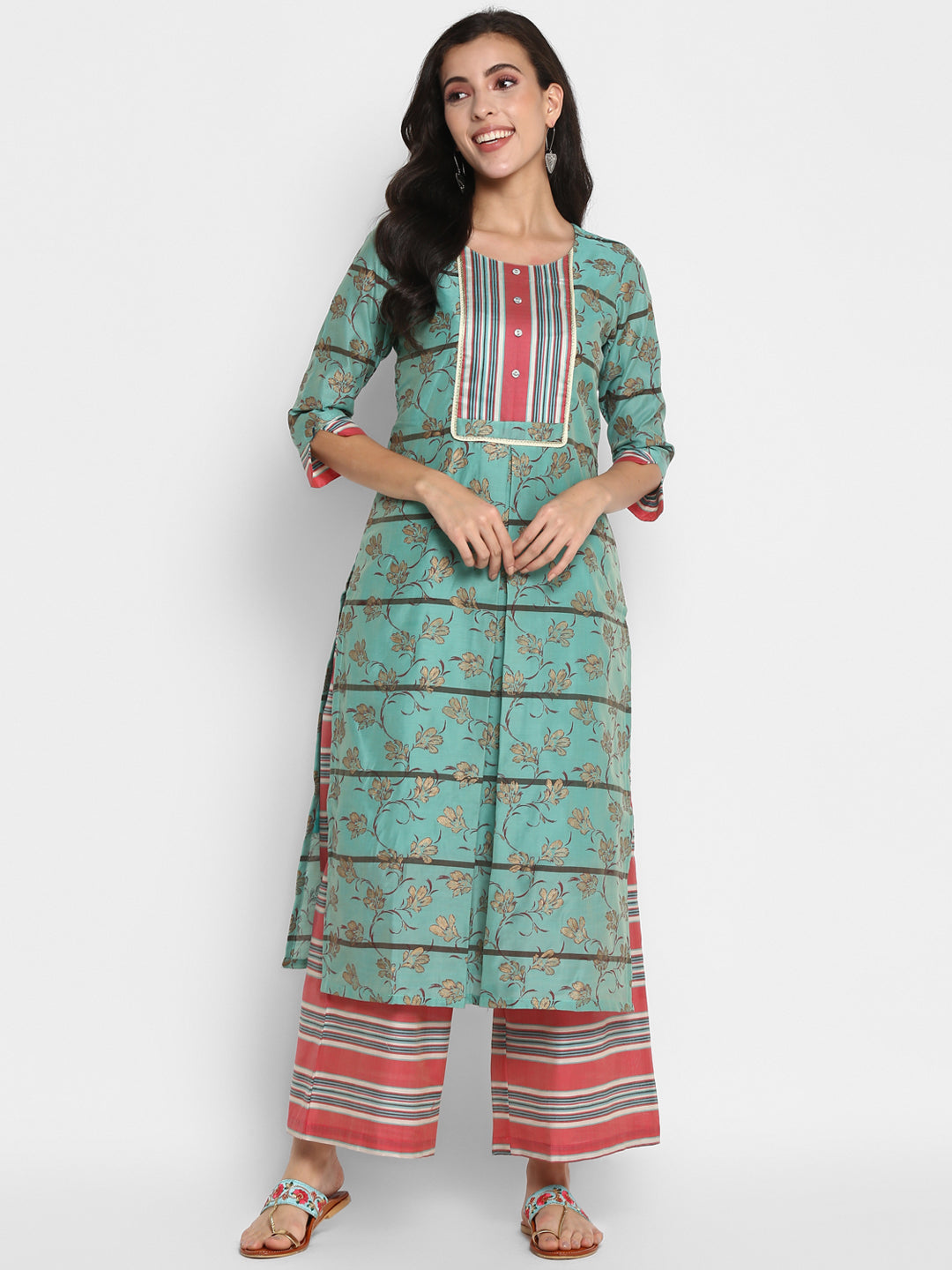 Women's Rama Color Chanderi Silk Blend Straight Printed Kurta palazzo Set - VAABA