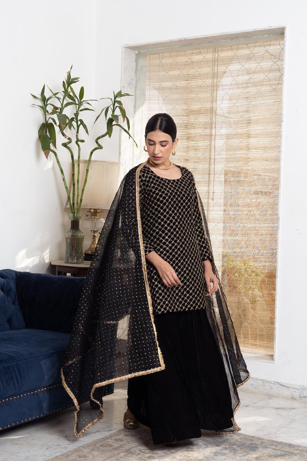 Khwabidah Black Sharara Set of 3 - Indiakreations