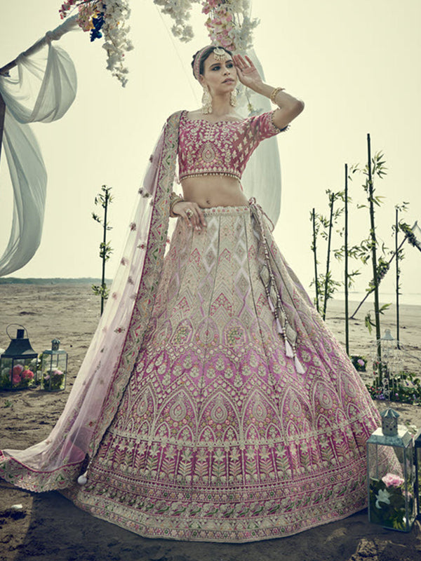 Elegant Pink Velvet Zari Work Wedding Wear Lehenga Choli