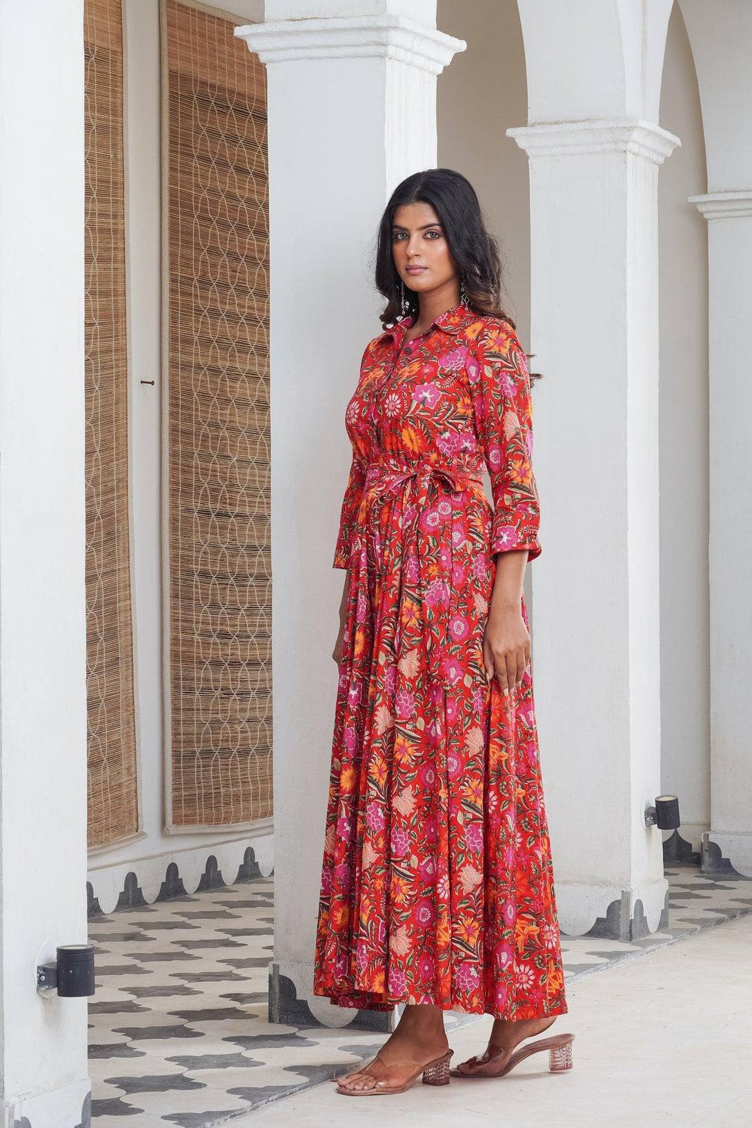 Red hand block shirt collar Maxi - Indiakreations