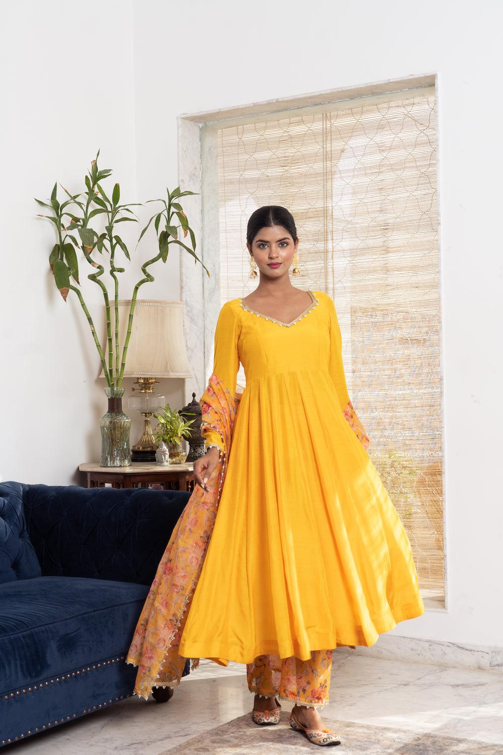 Khwabidah Yellow Anarkali with floral dupatta Set of 3 - Indiakreations