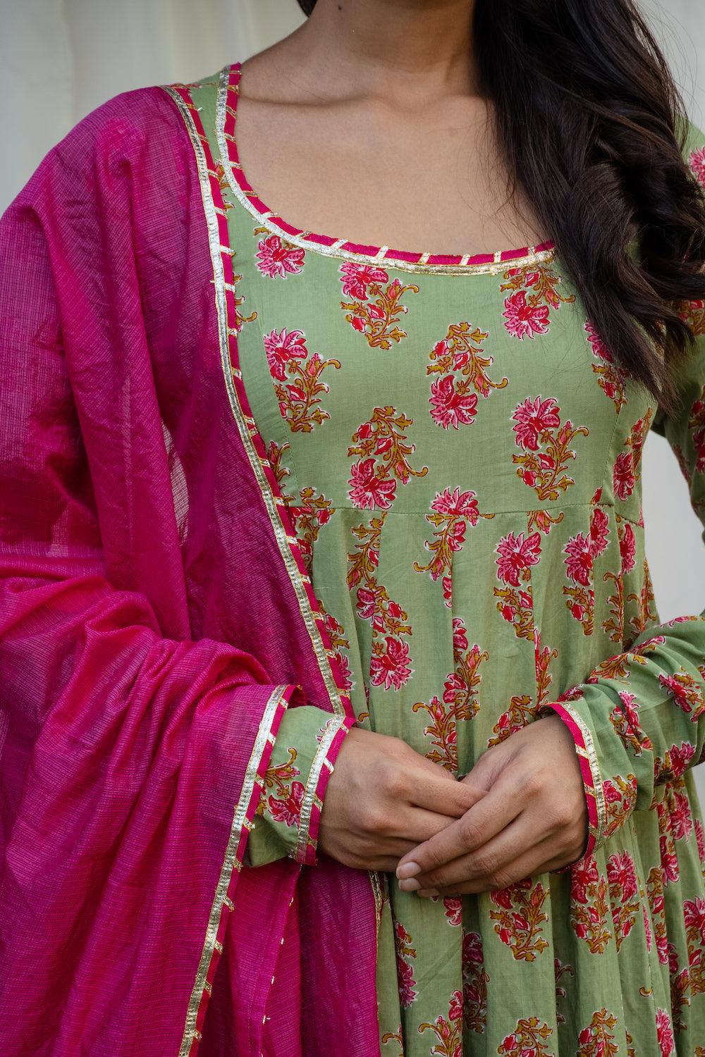 Mehfil Pista Green Anarkali Set - Indiakreations