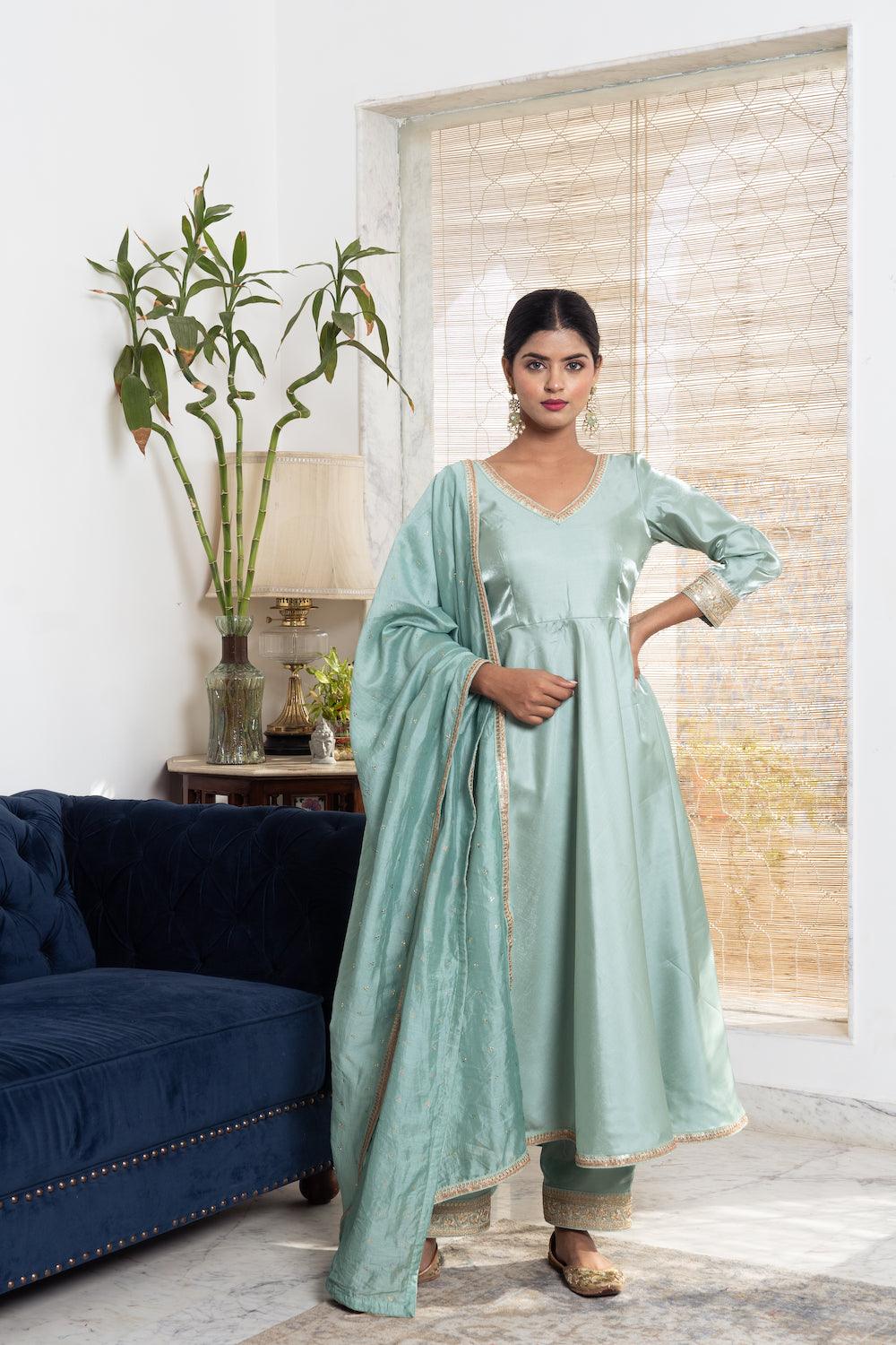 Khwabidah Pista Green Silk Anarkali Set of 3 - Indiakreations