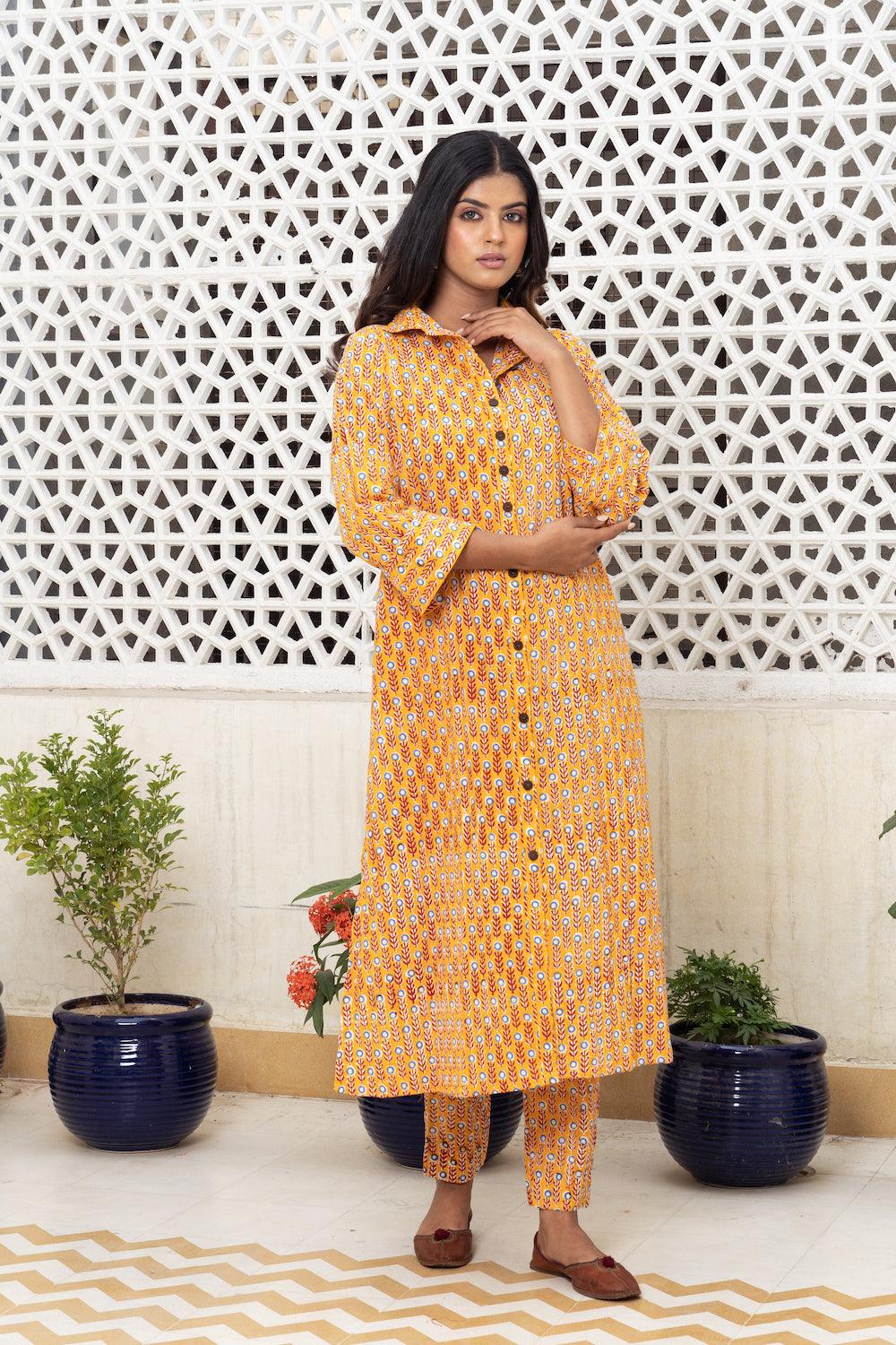 Mustard yellow hand block Kurta Set Of 2 - Indiakreations