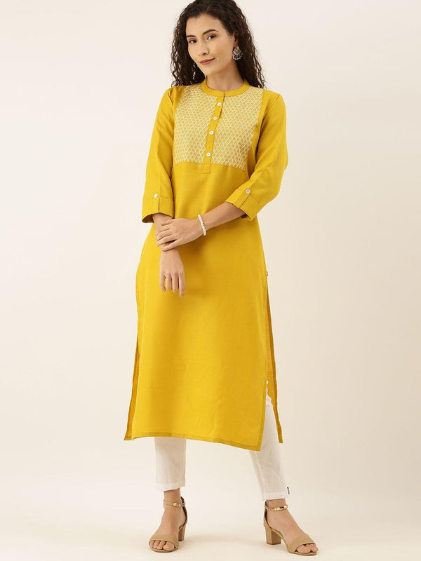 Women Mustard Yellow & White Yoke Design Straight Kurta - Indiakreations