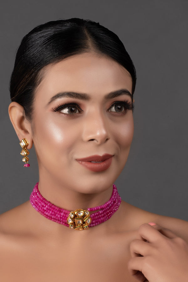 Women's Pink Gold Tone Kundan Beaded Choker Necklace With Earrings  - Femizen