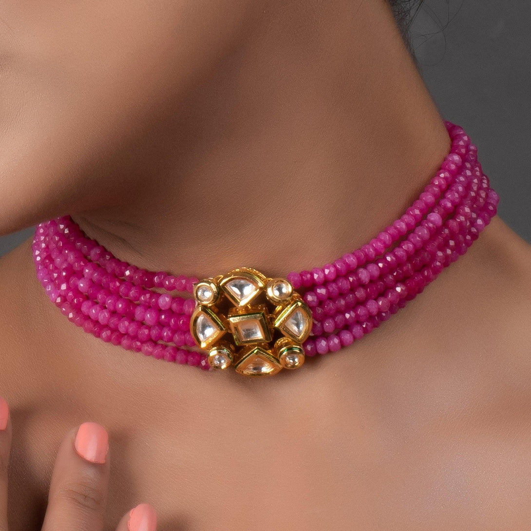 Women's Pink Gold Tone Kundan Beaded Choker Necklace With Earrings - Femizen - Indiakreations