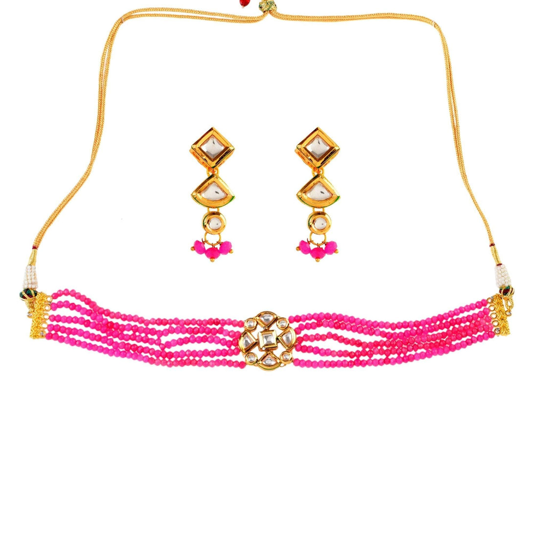 Women's Pink Gold Tone Kundan Beaded Choker Necklace With Earrings - Femizen - Indiakreations