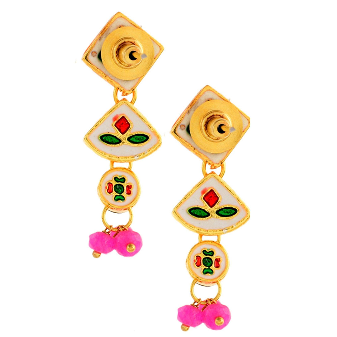 Women's Pink Gold Tone Kundan Beaded Choker Necklace With Earrings - Femizen - Indiakreations