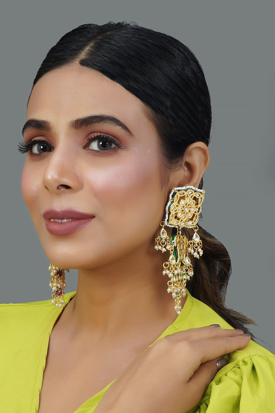 Women's Kundan-Studded Classic Drop Earrings - Femizen - Indiakreations