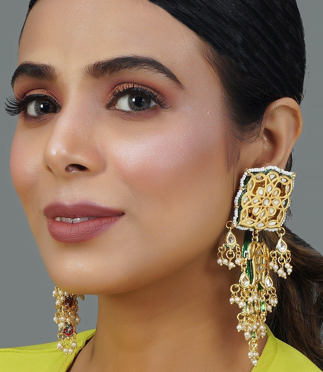 Women's Kundan-Studded Classic Drop Earrings - Femizen - Indiakreations