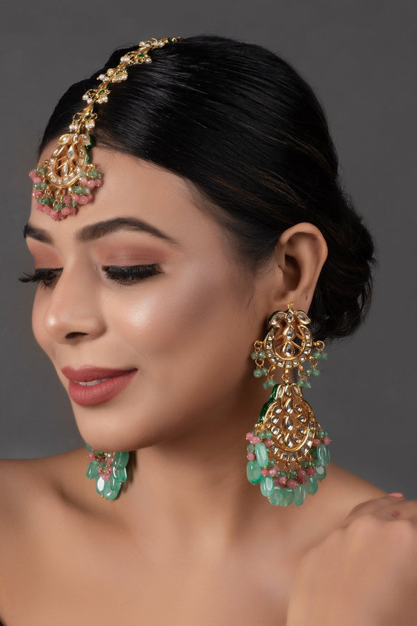 Women's Pink Green Gold Tone Kundan Inspired Maang Tikka With Earrings - Femizen