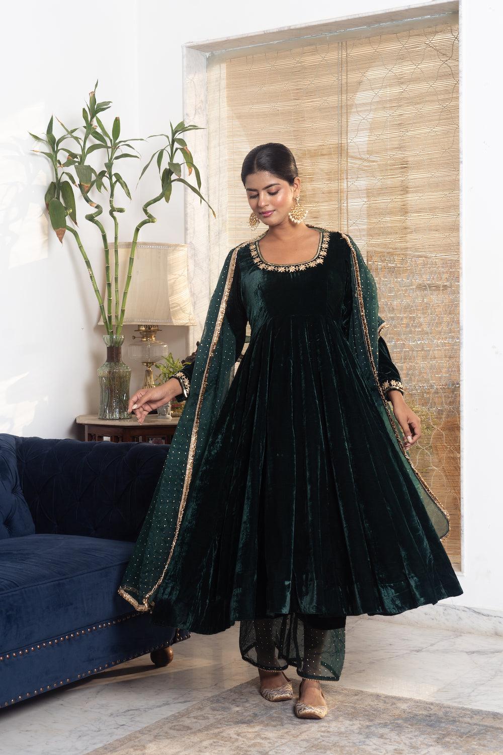 Khwabidah Bottle Green Anarkali Set of 3 - Indiakreations