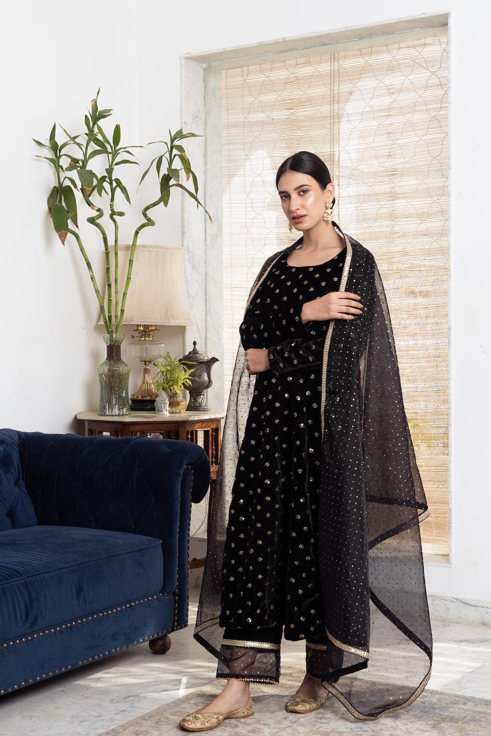 Khwabidah Black Kurta Set of 3 - Indiakreations