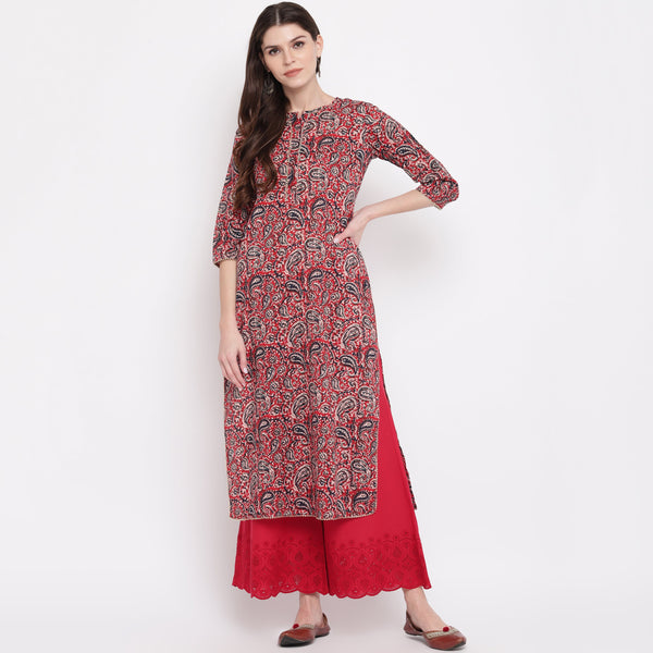 Women's Red Kalamkari Print Cotton Kurta By Vbuyz- (1Pc Set)