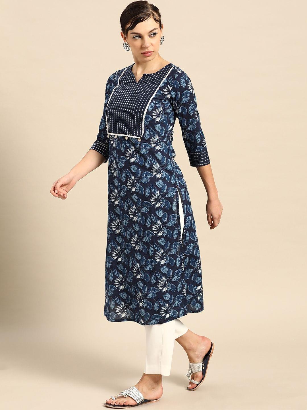 Blue & White Floral Printed Thread Work Pure Cotton Indigo Kurta - Indiakreations