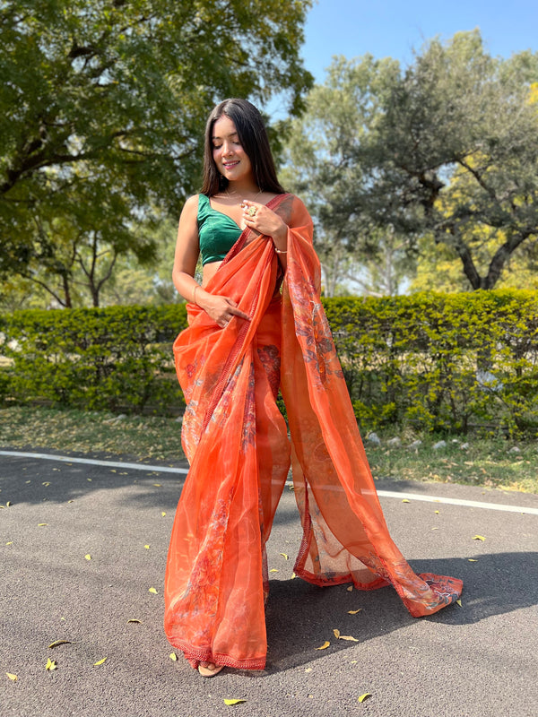 Women's Orange Floral Printed Saree - VAMSEE