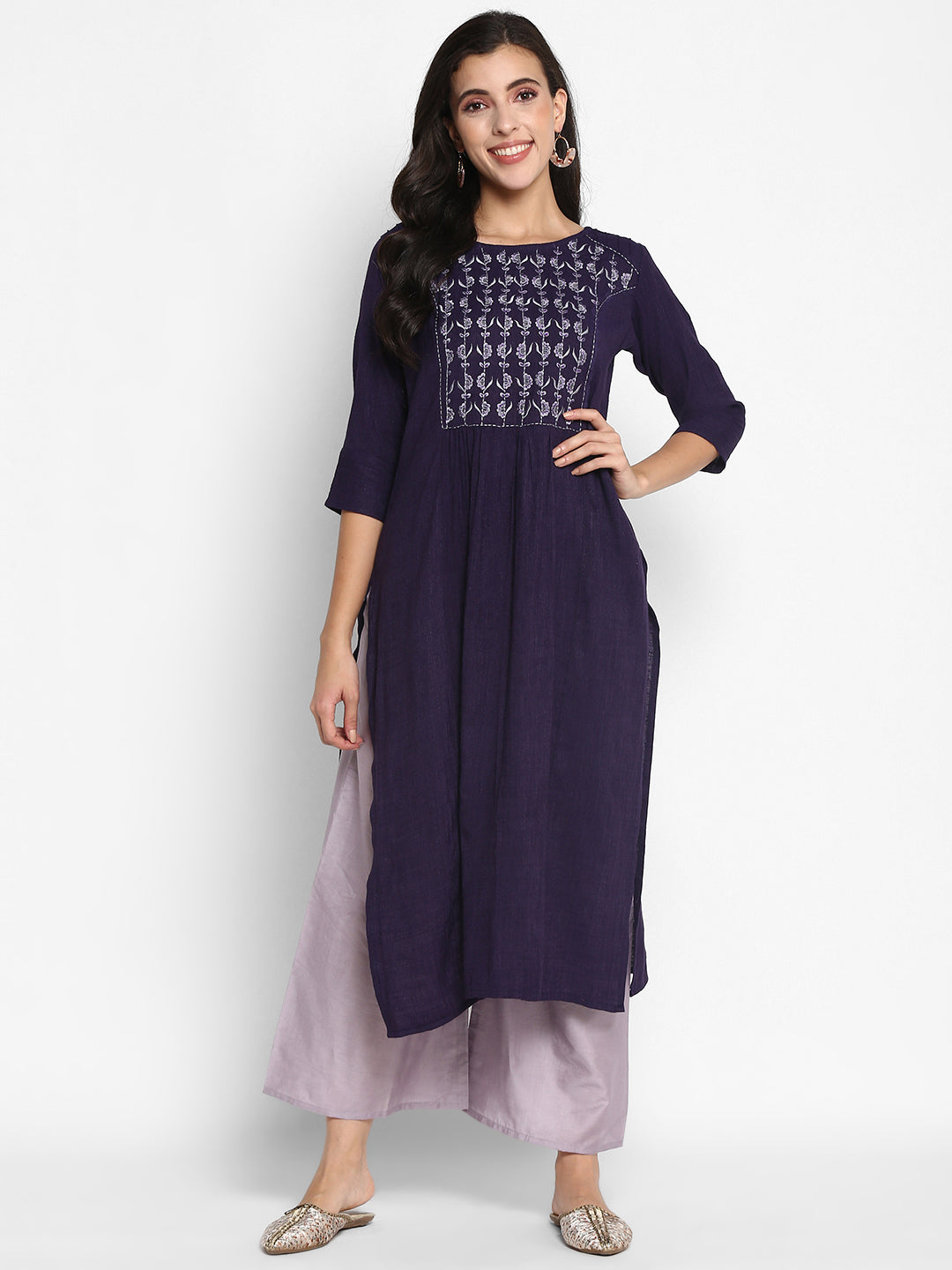 Women's Purple Color Embroidery Rayon Blend  Solid A-Line Flared Kurta - Vaaba